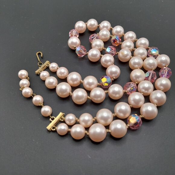 Vintage Pink Faux Pearls Pink Crystals Choker Necklace 1950s - Picture 9 of 11